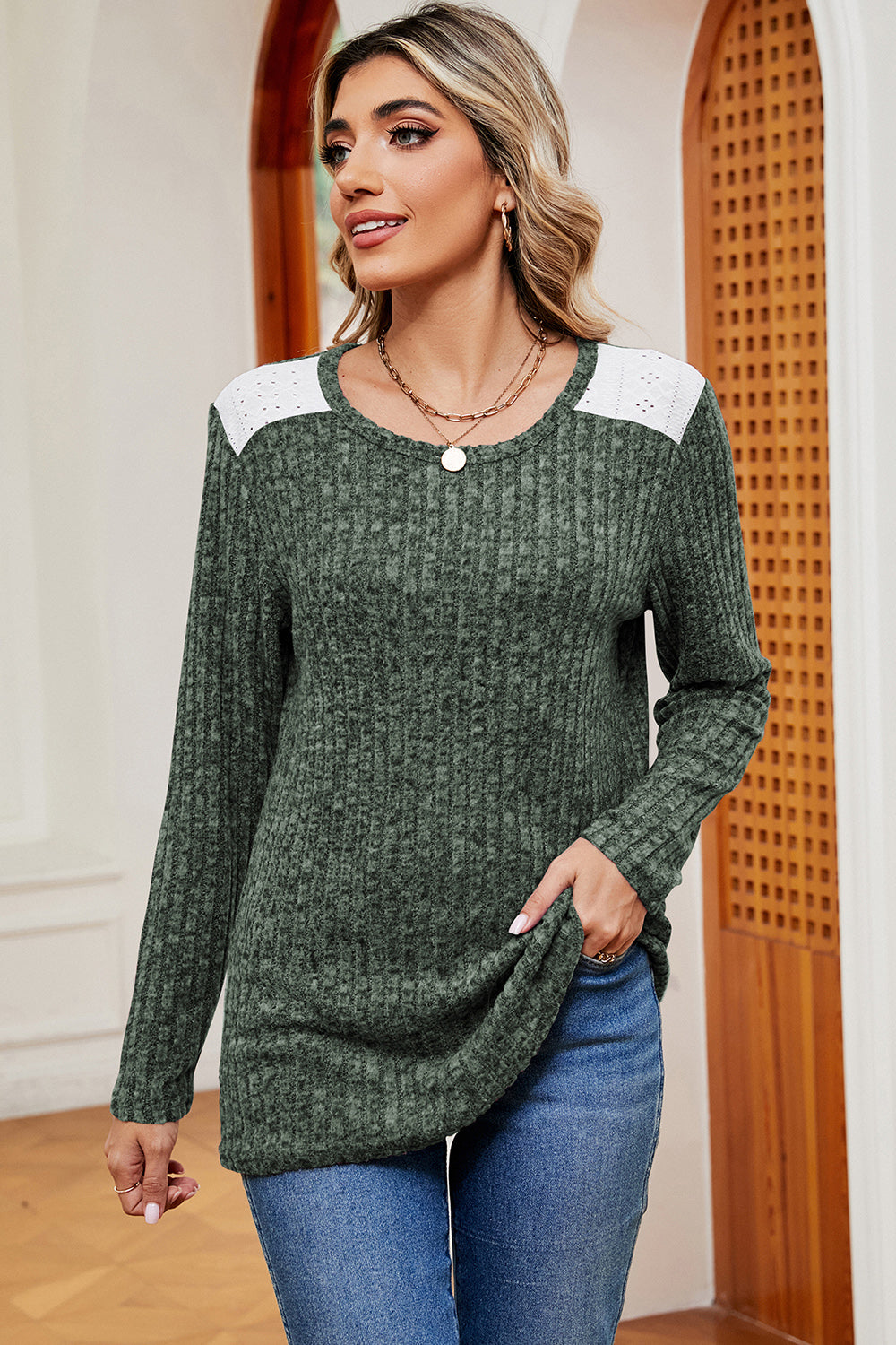 Eyelet Ribbed Round Neck Long Sleeve T-Shirt 