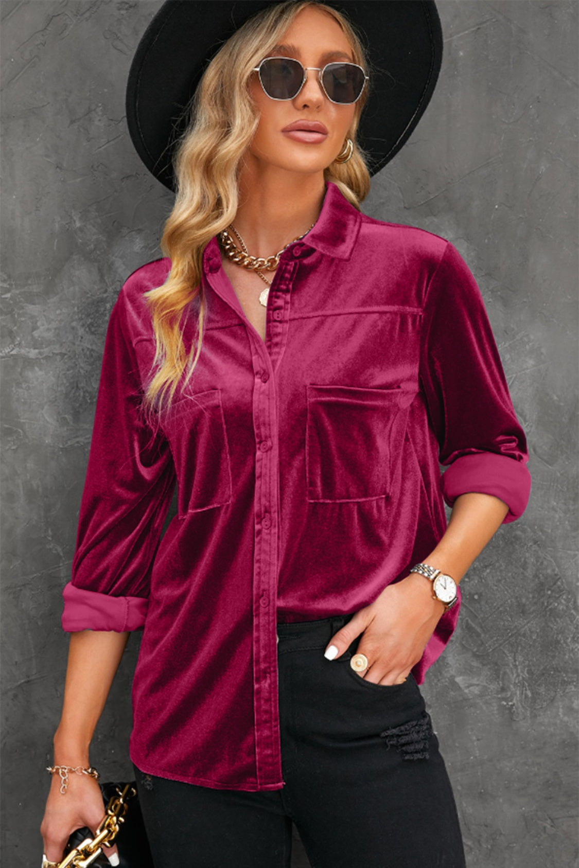 Button Up Collared Neck Long Sleeve Velvet Shirt 