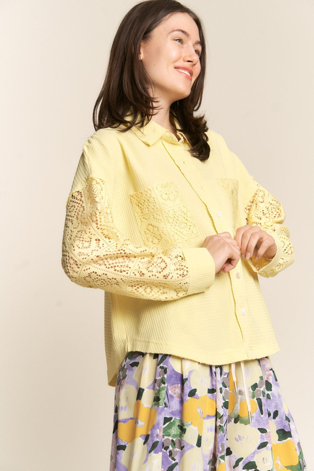 J.NNA Button Down Lace Long Sleeve Waffle Shirt 