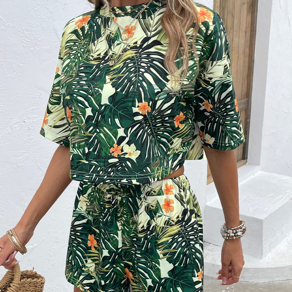 Floral Print Round Neck Dropped Shoulder Half Sleeve Top and Shorts Set 