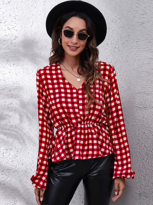 Plaid V-Neck Balloon Sleeve Peplum Blouse 