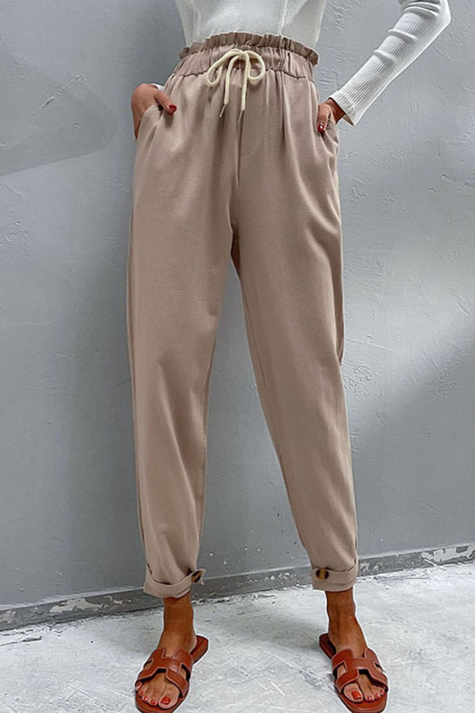 Drawstring Paperbag Waist Button Detail Pants 