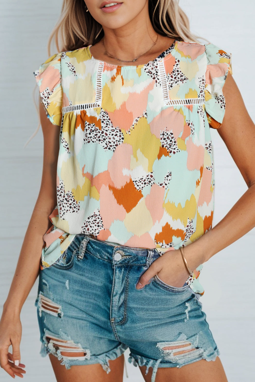 Printed Round Neck Flutter Sleeve Top 