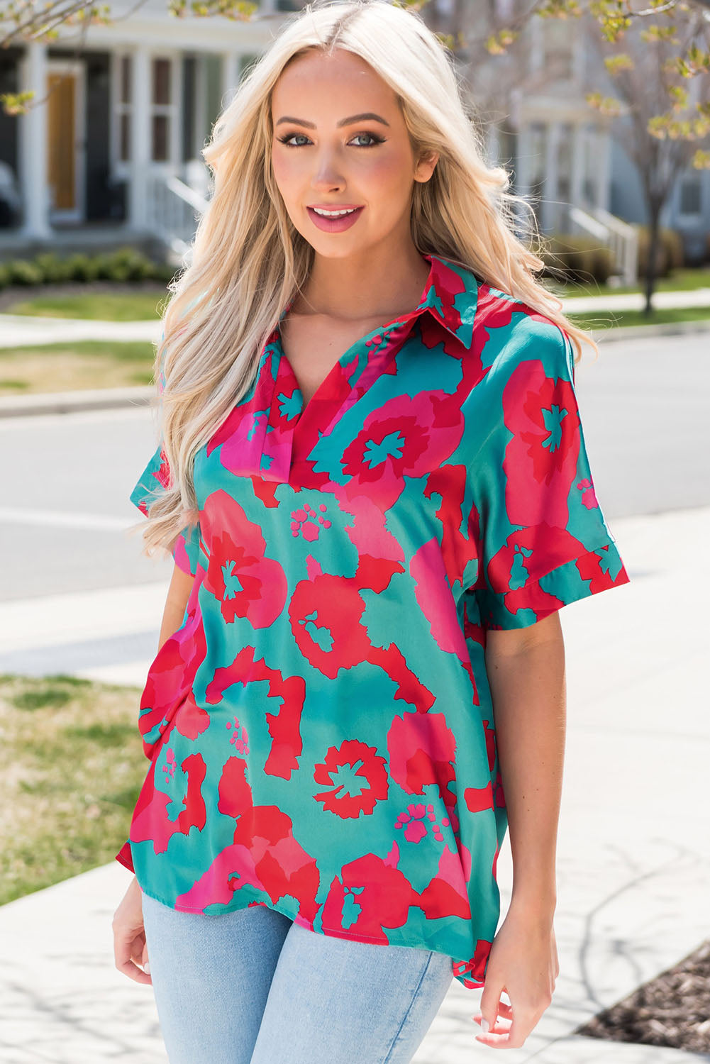 Printed Johnny Collar Short Sleeve Top - Babbazon Tops