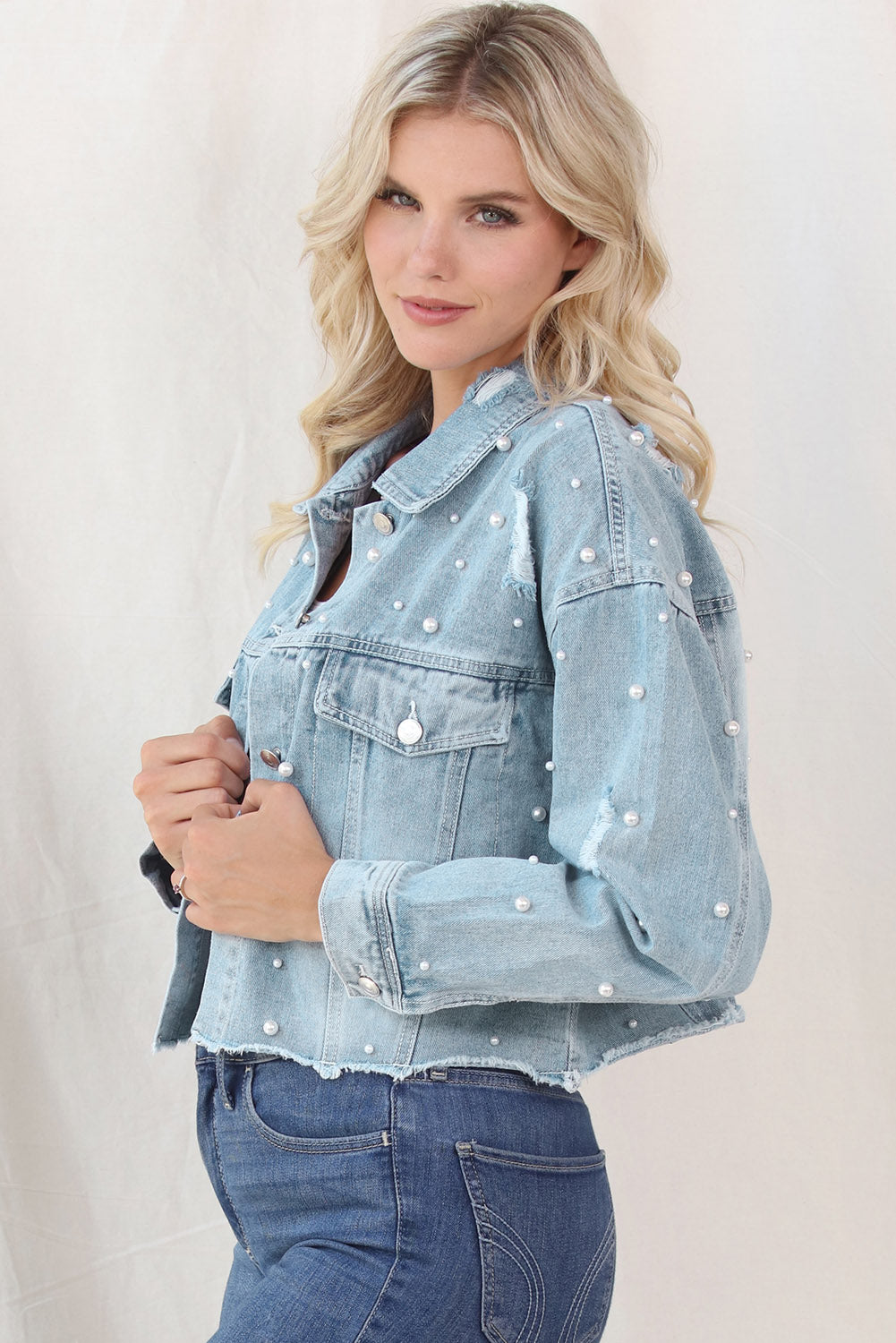 Distressed Pearl Trim Button Up Denim Jacket 