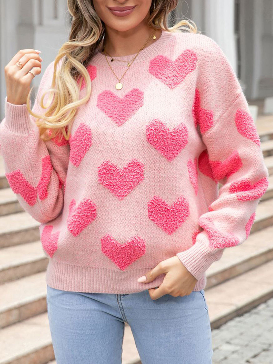 Heart Round Neck Dropped Shoulder Sweater - Babbazon Tops