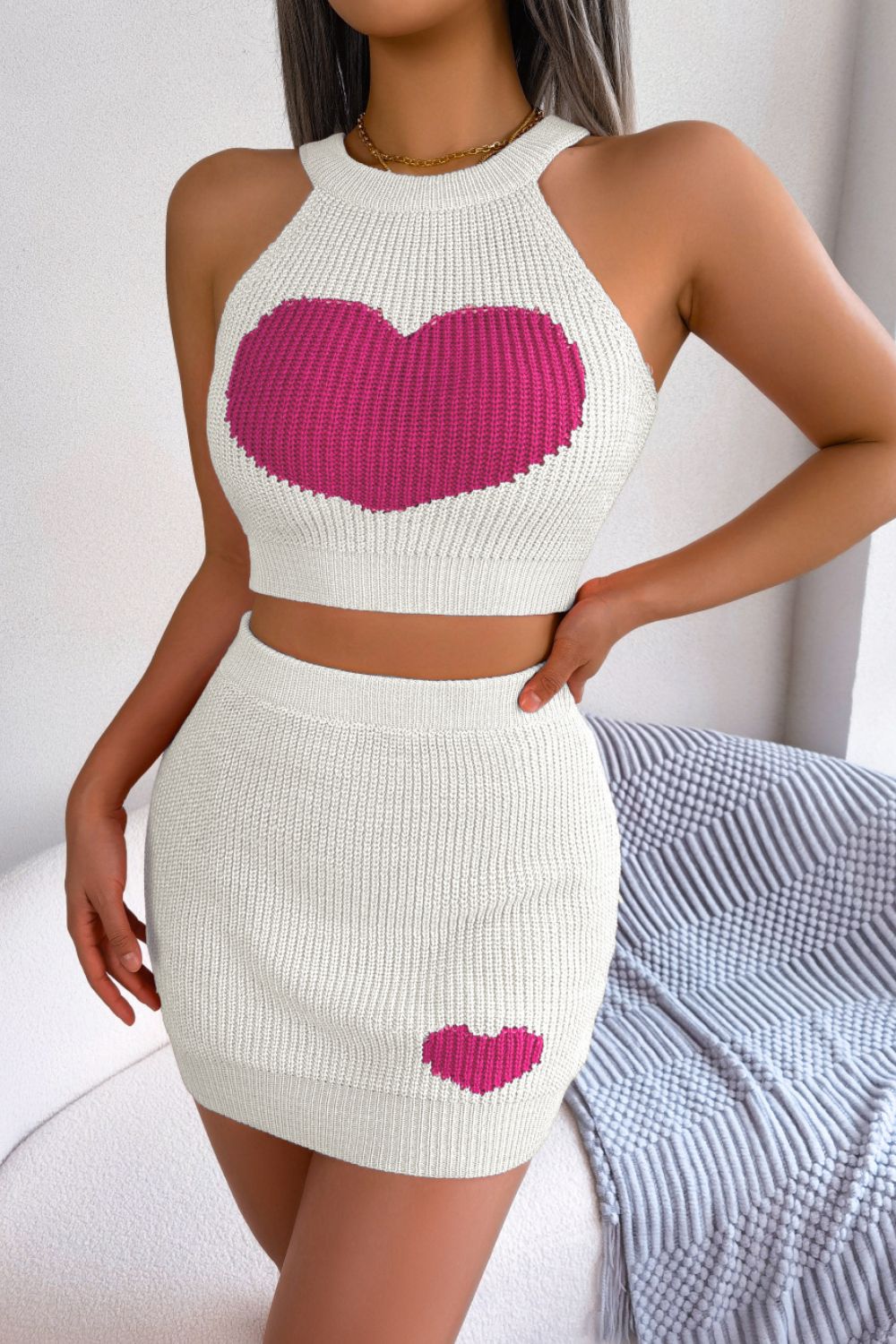 Heart Contrast Ribbed Sleeveless Knit Top and Skirt Set 