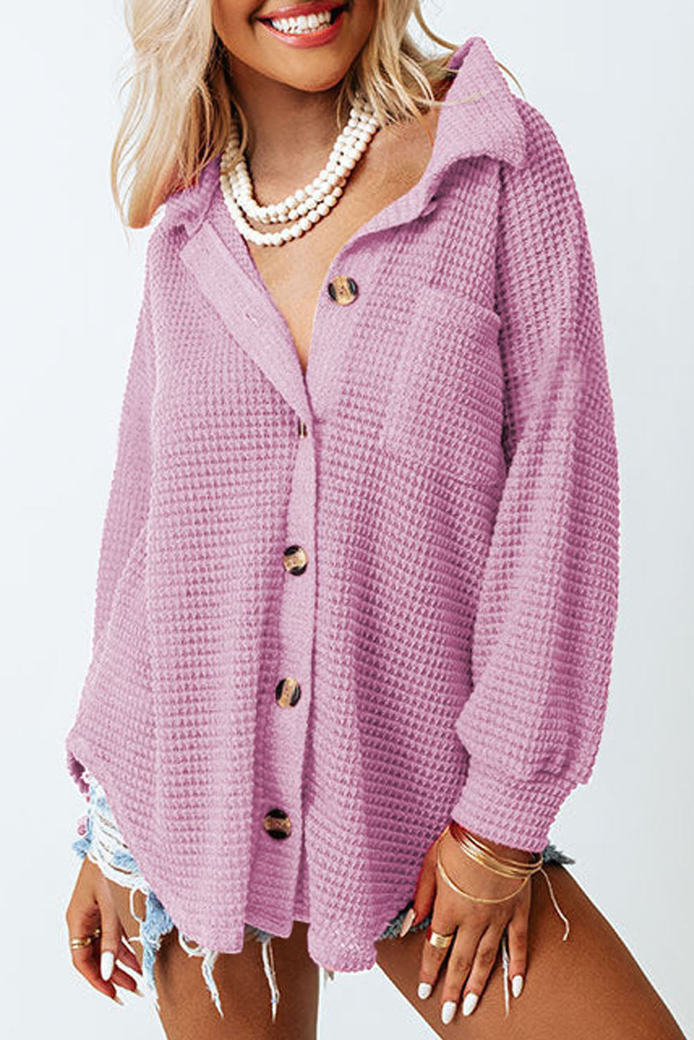 Waffle-Knit Button Up Long Sleeve Shirt with Pocket - Babbazon Tops