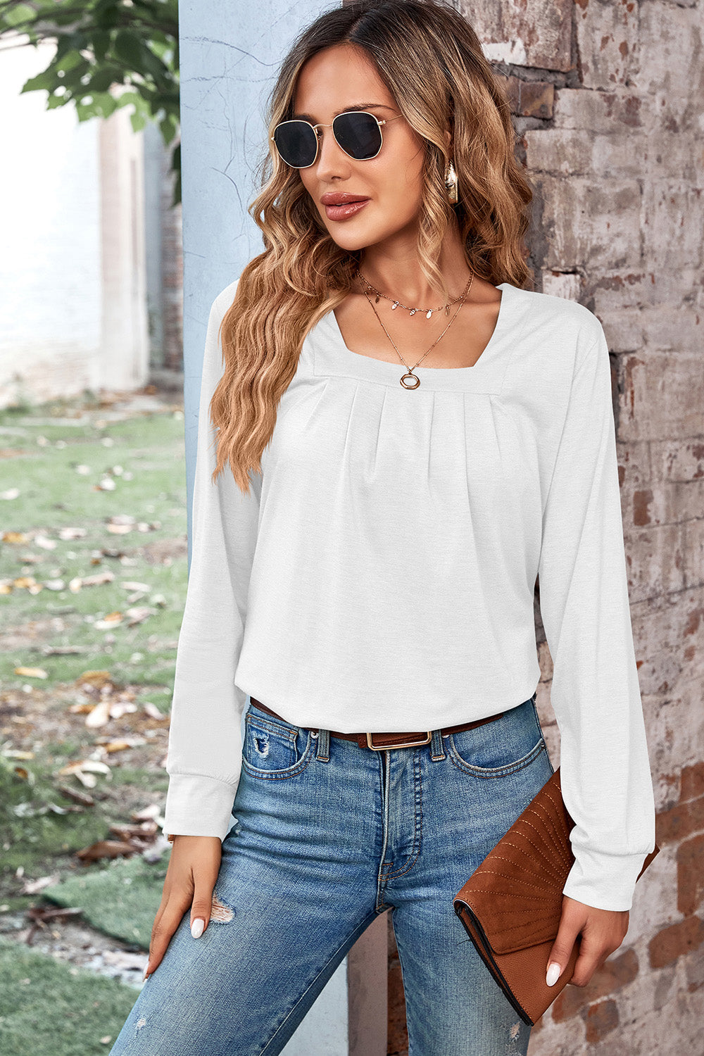 Ruched Square Neck Long Sleeve T-Shirt 