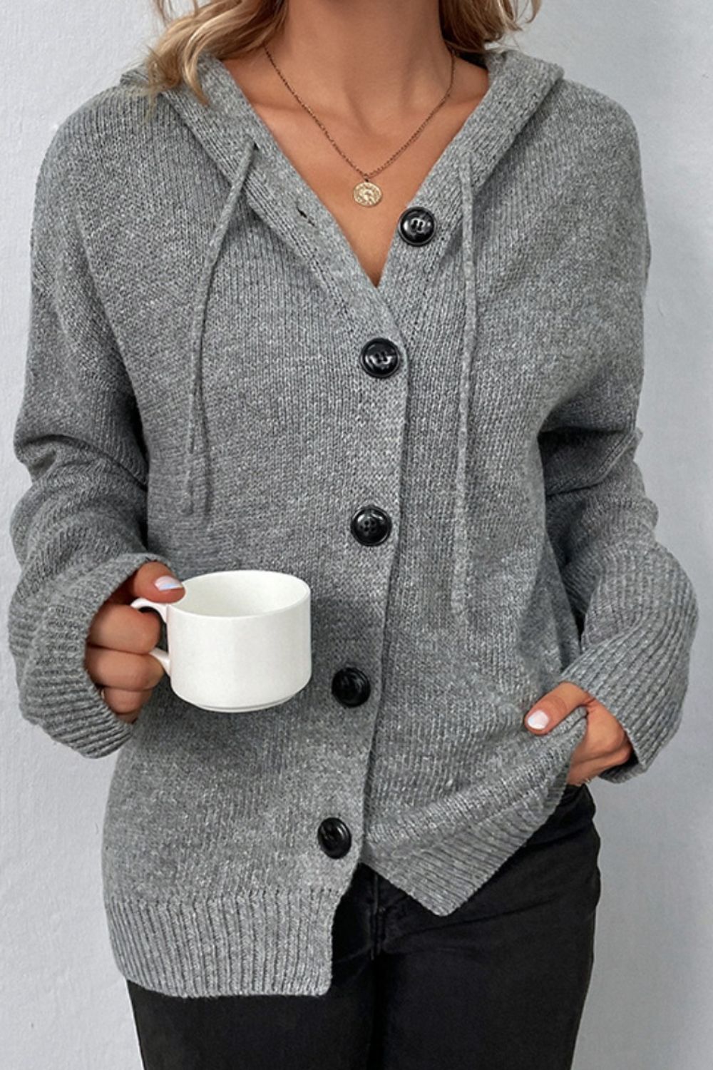 Drawstring Button Up Hooded Cardigan 