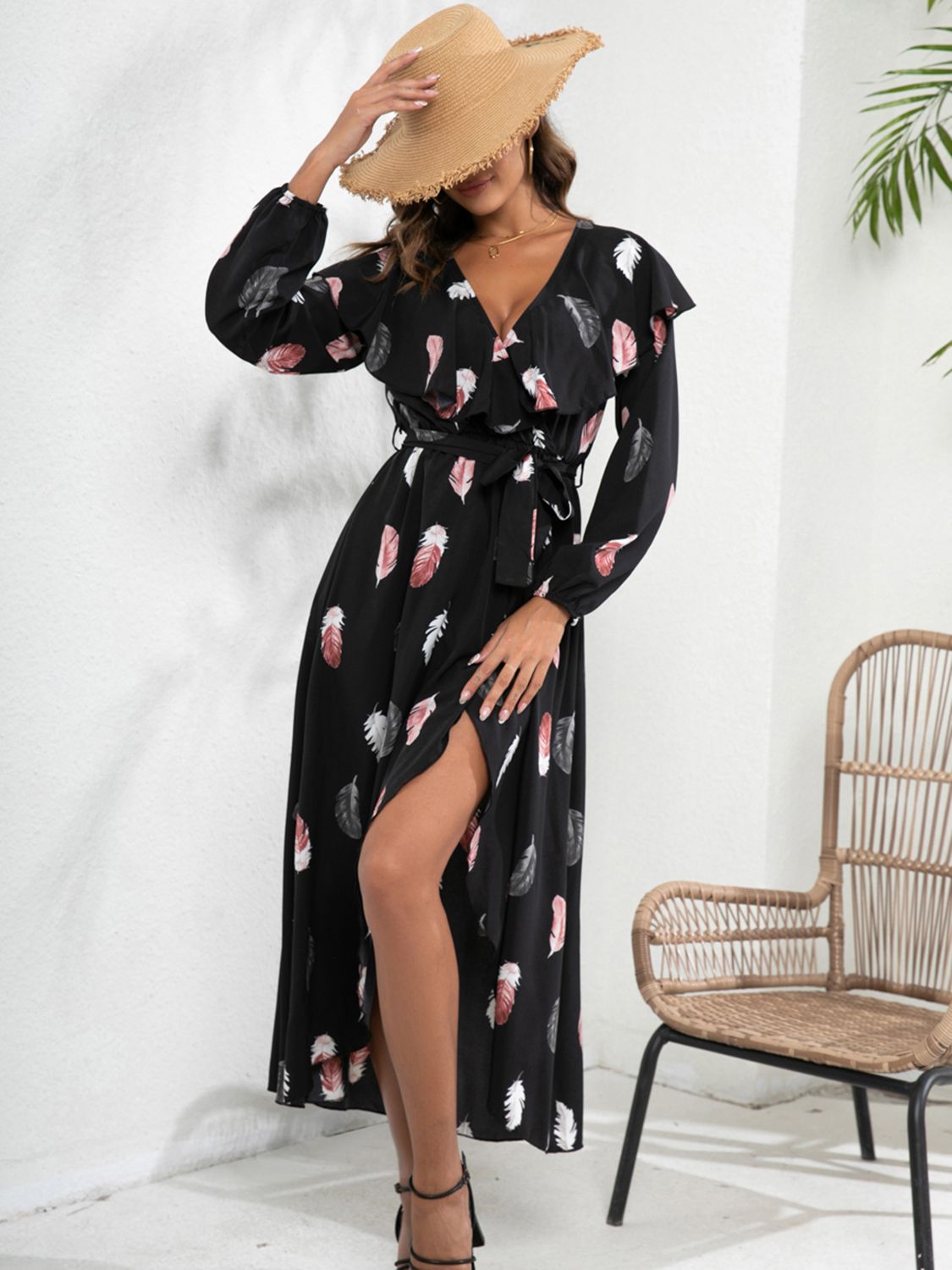 Printed Tie Front Ruffle Trim Long Sleeve Dress 