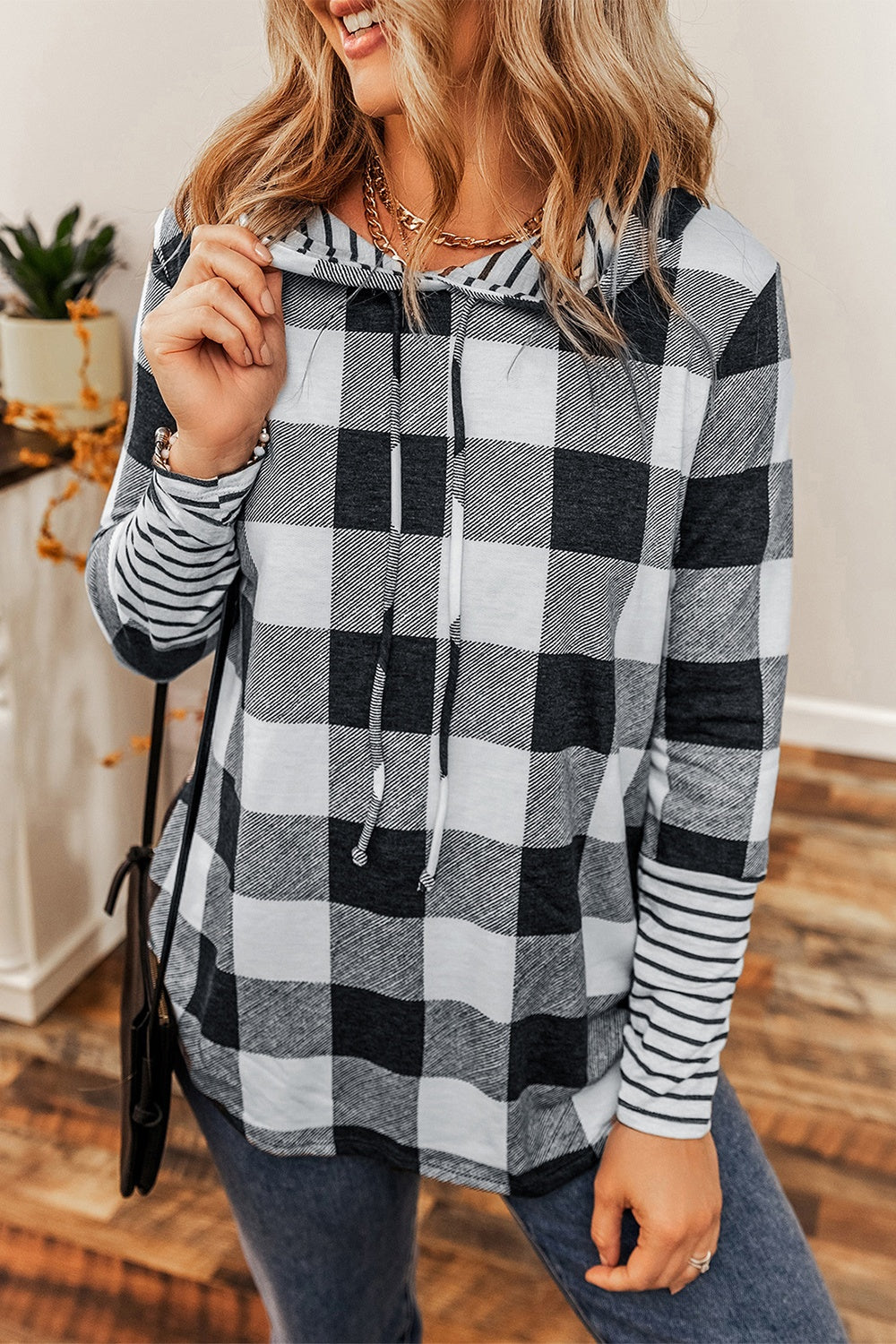 Plaid Drawstring Long Sleeve Hoodie 