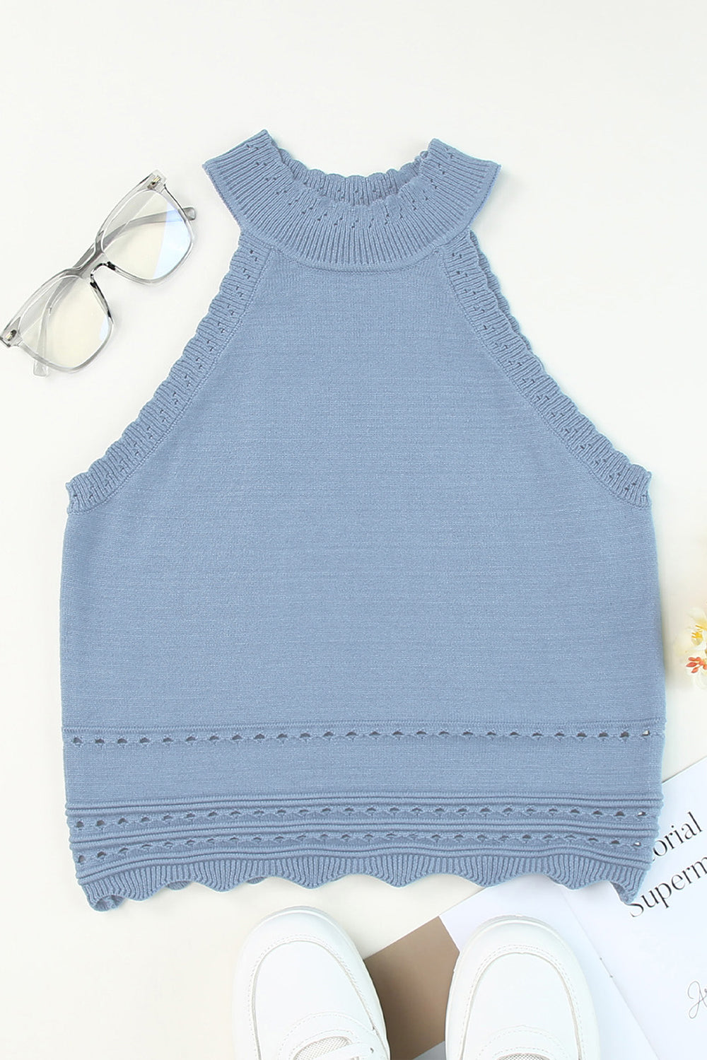 Eyelet Mock Neck Tank - Babbazon