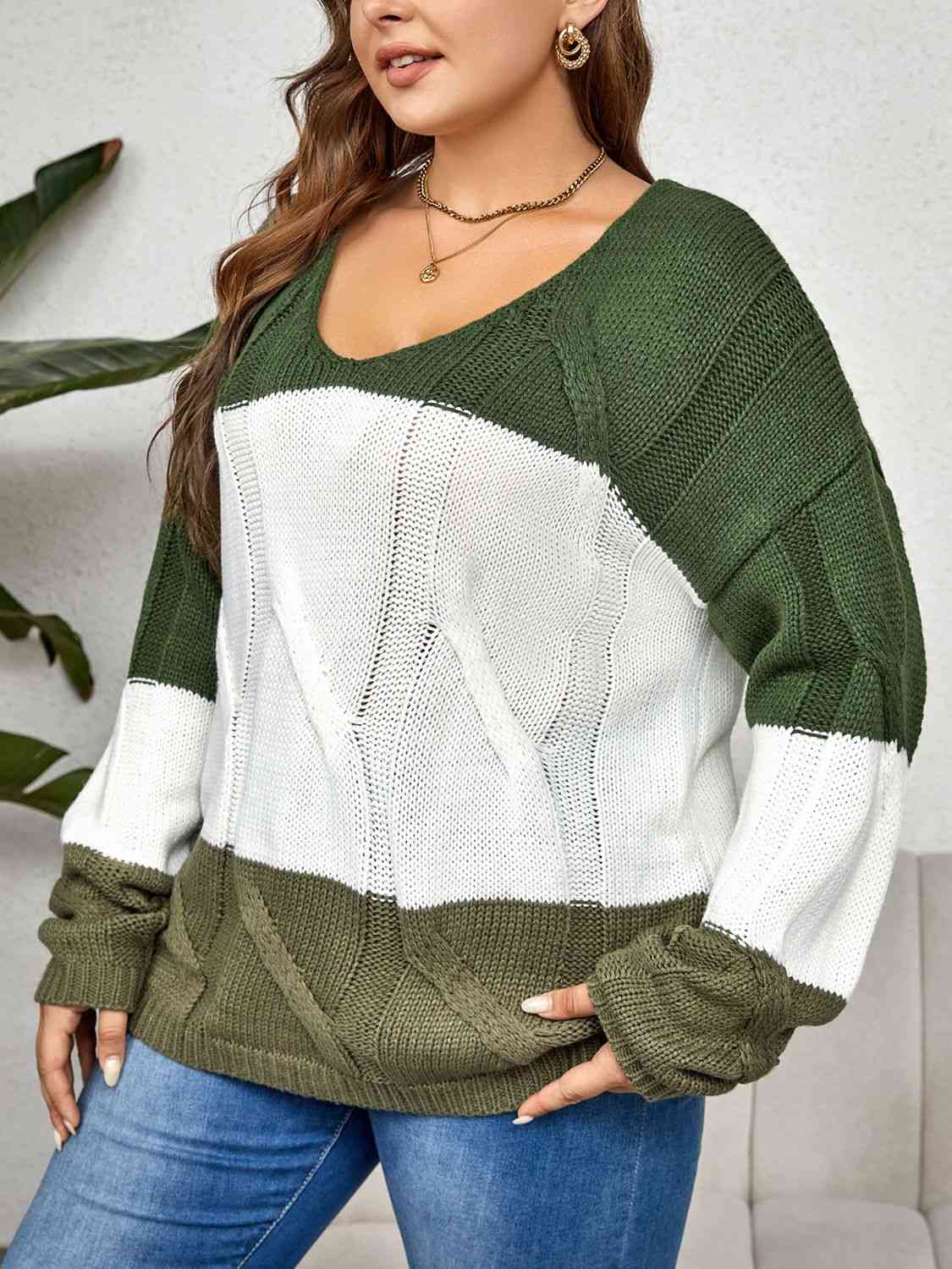 Plus Size Color Block Long Sleeve Sweater 