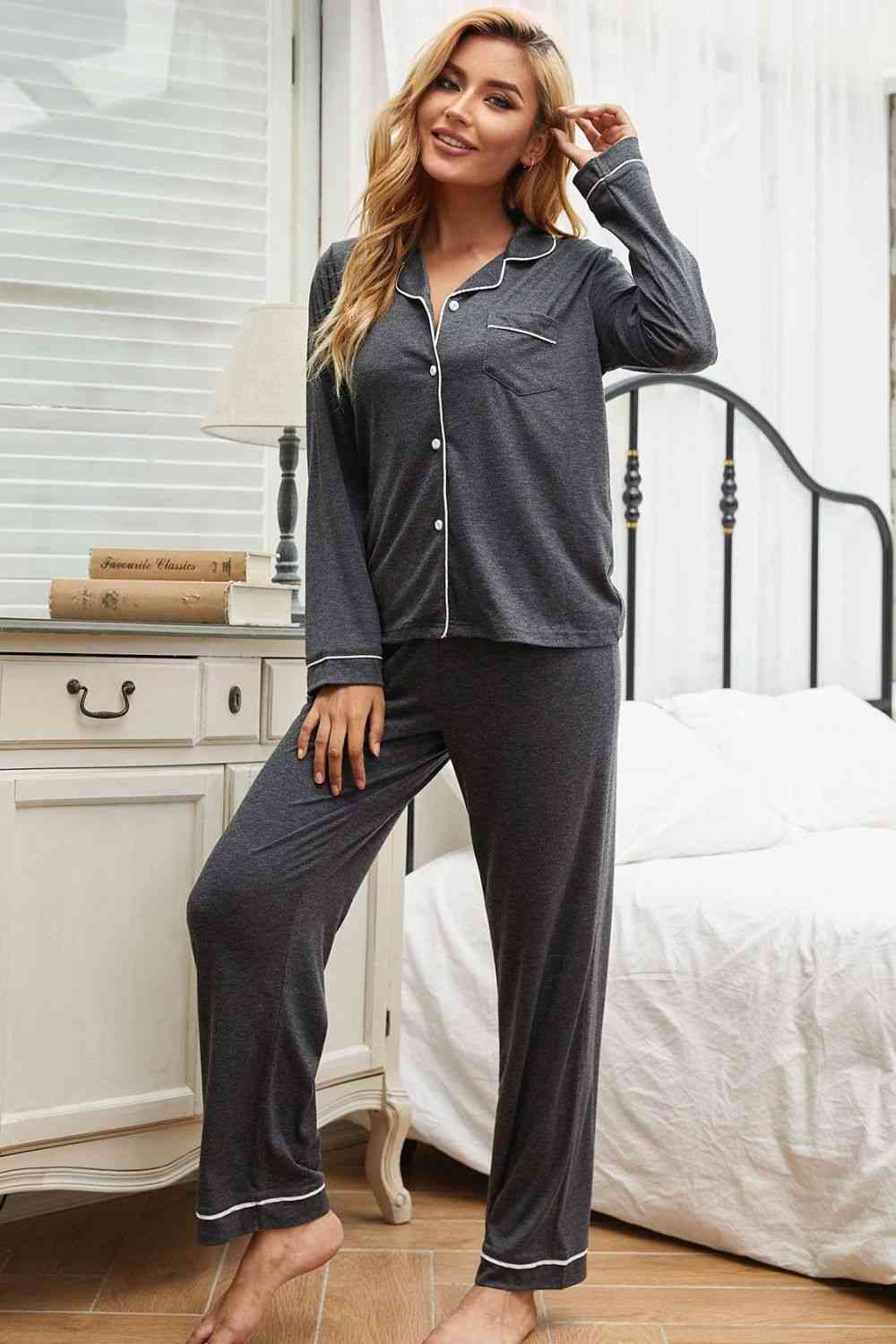 Contrast Piping Button Down Top and Pants Loungewear Set 