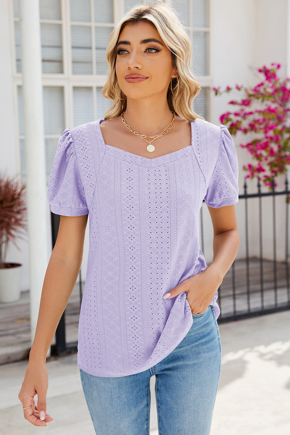 Eyelet Puff Sleeve T-Shirt 