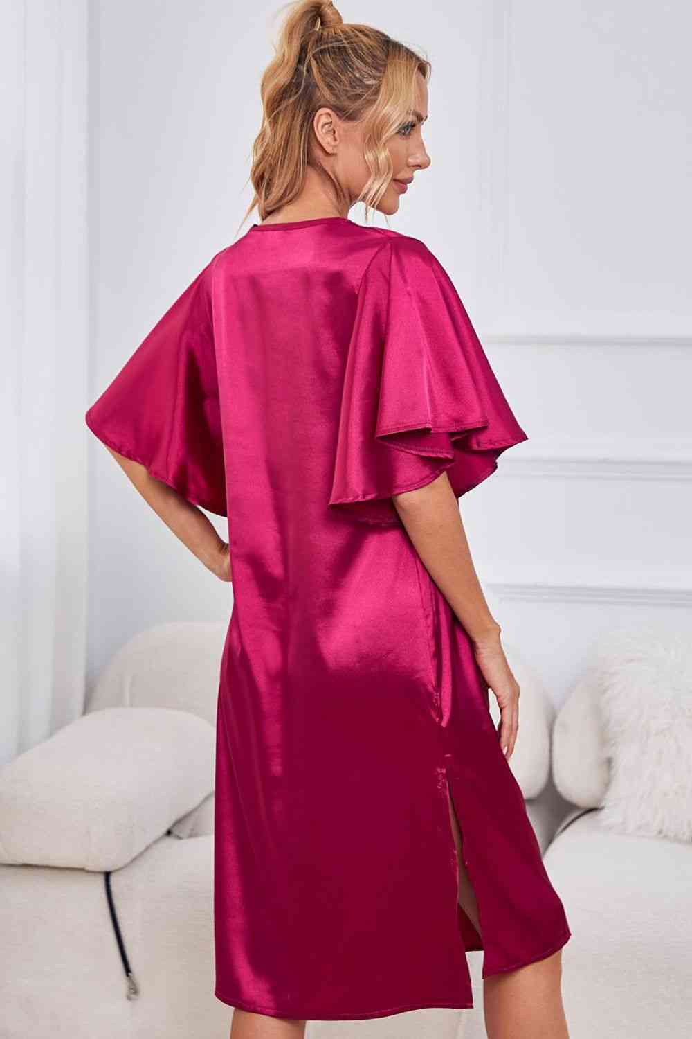 Satin Flutter Sleeve Side Slit V-Neck Night Dress 