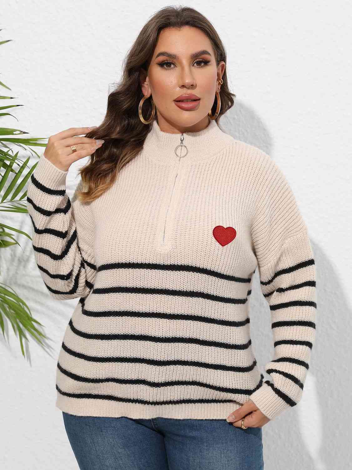 Plus Size Zip-Up Striped Sweater 