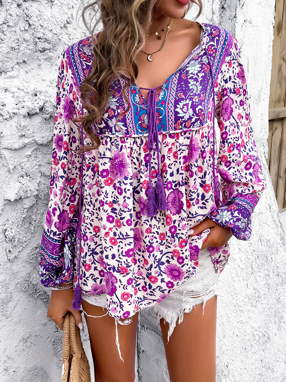 Printed Tie Neck Long Sleeve Blouse - Babbazon Tops