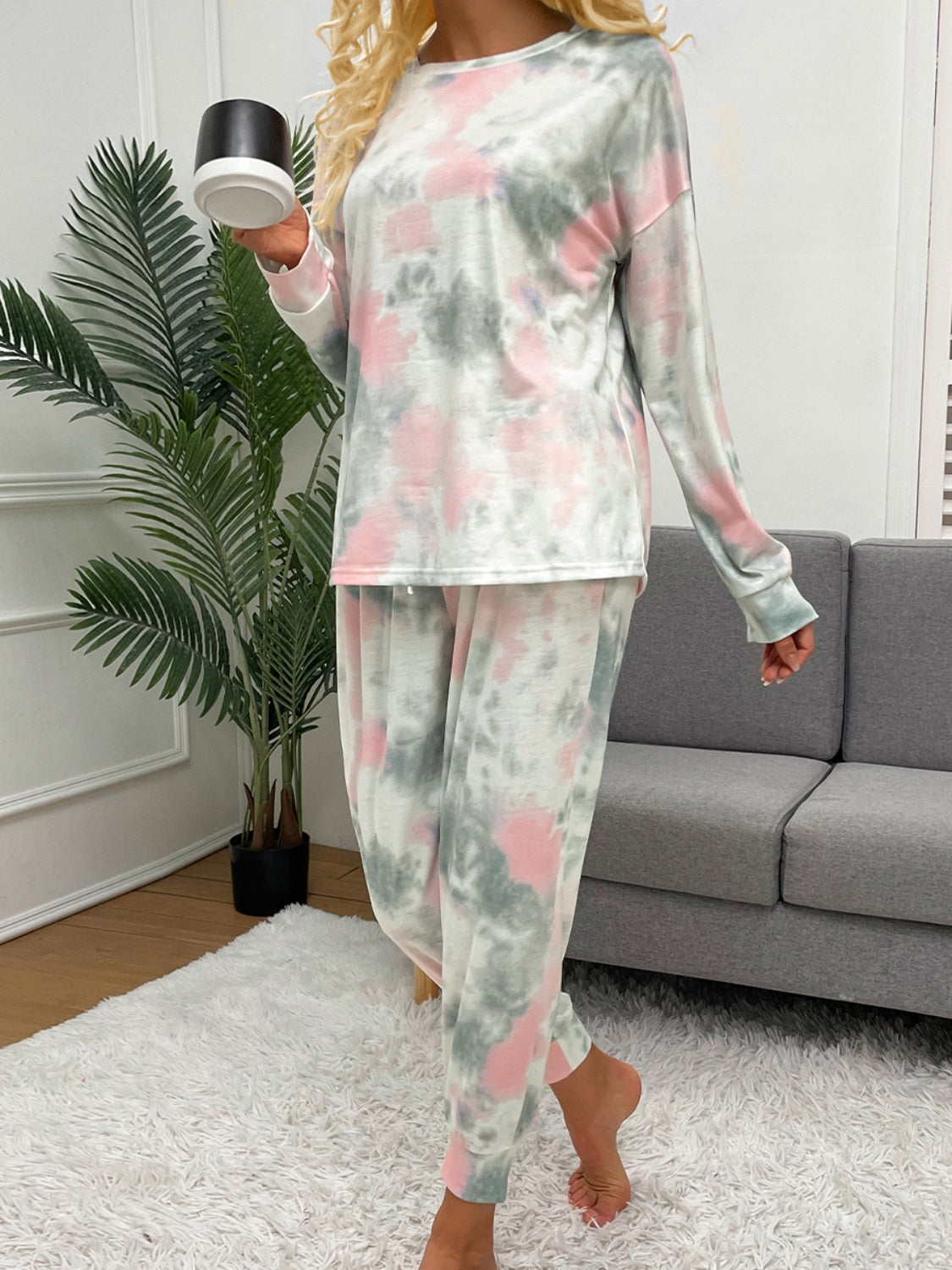 Tie-Dye Round Neck Top and Drawstring Pants Lounge Set 