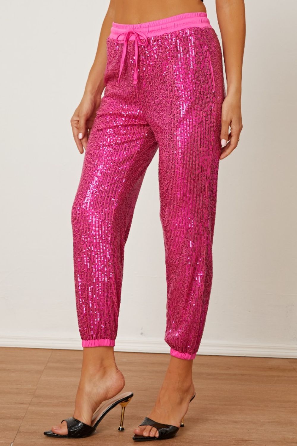 Sequin Drawstring Pants with Pockets 