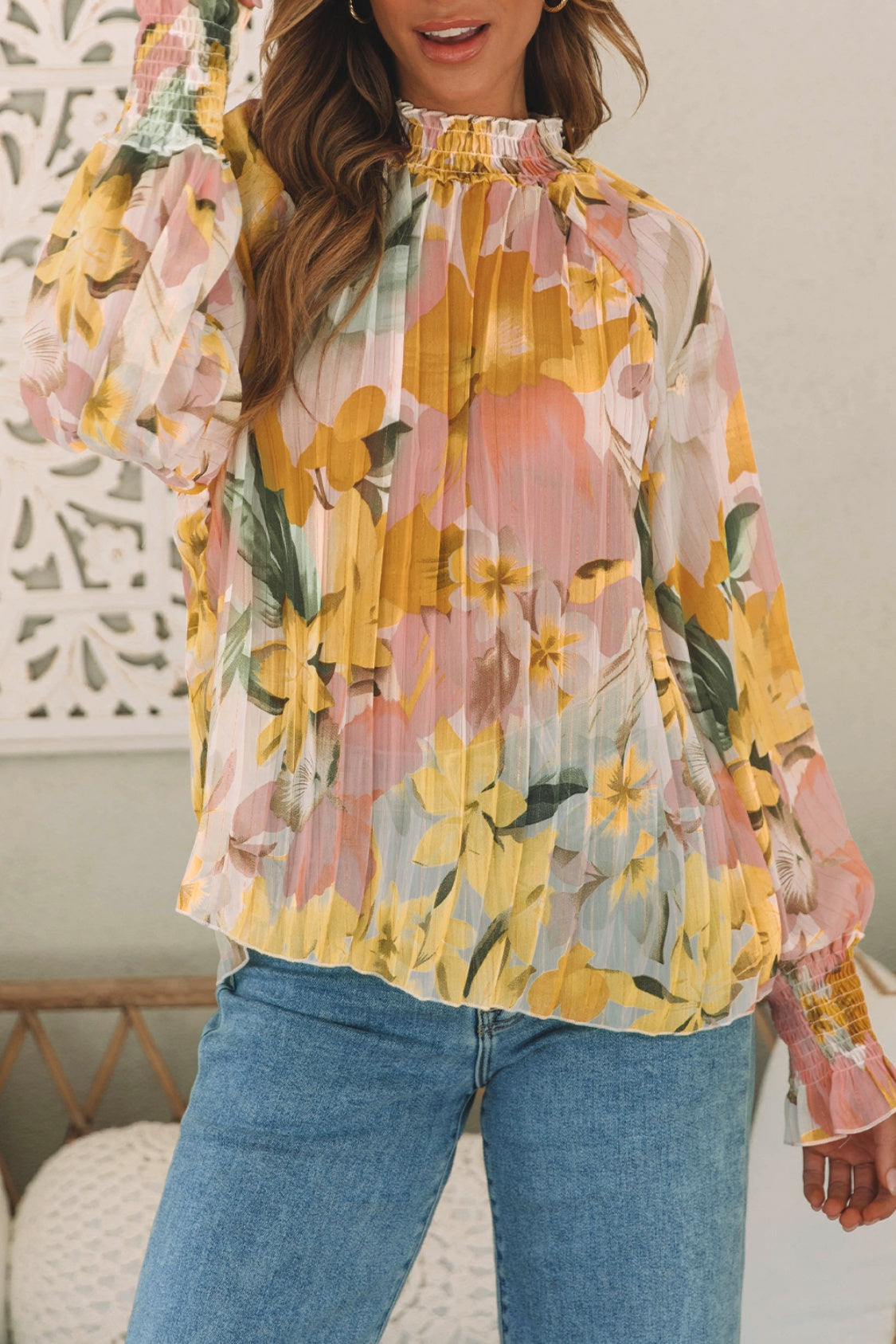 Floral Smocked Mock Neck Pleated Blouse 