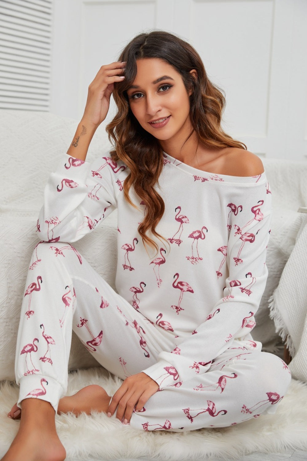 Flamingo Long Sleeve Top and Pants Lounge Set 