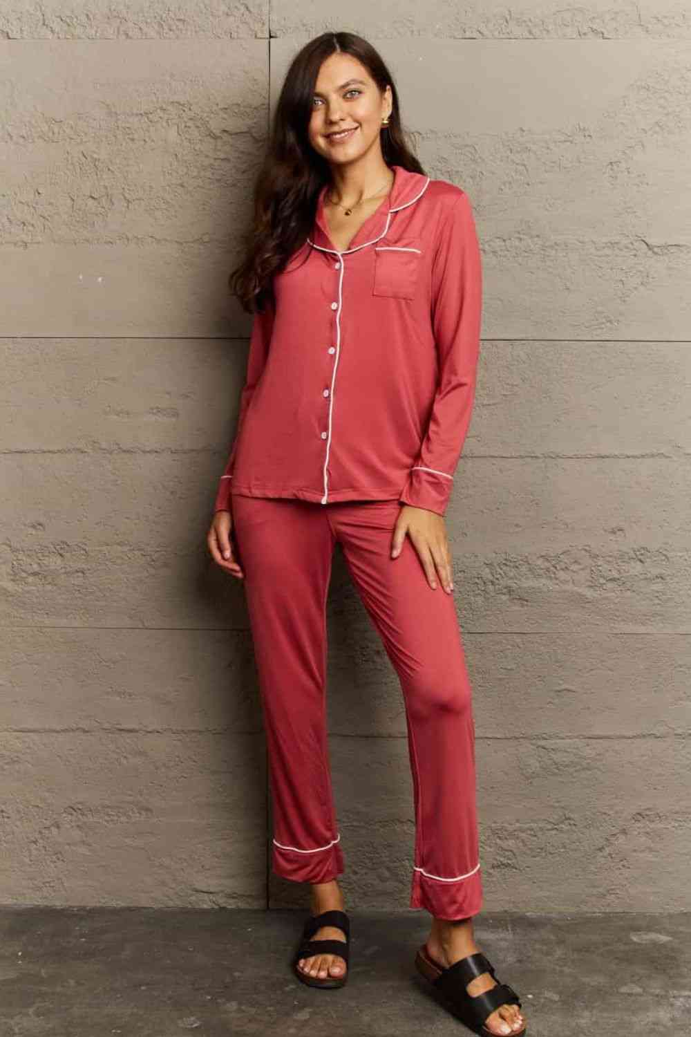 Ninexis Buttoned Collared Neck Top and Pants Pajama Set 