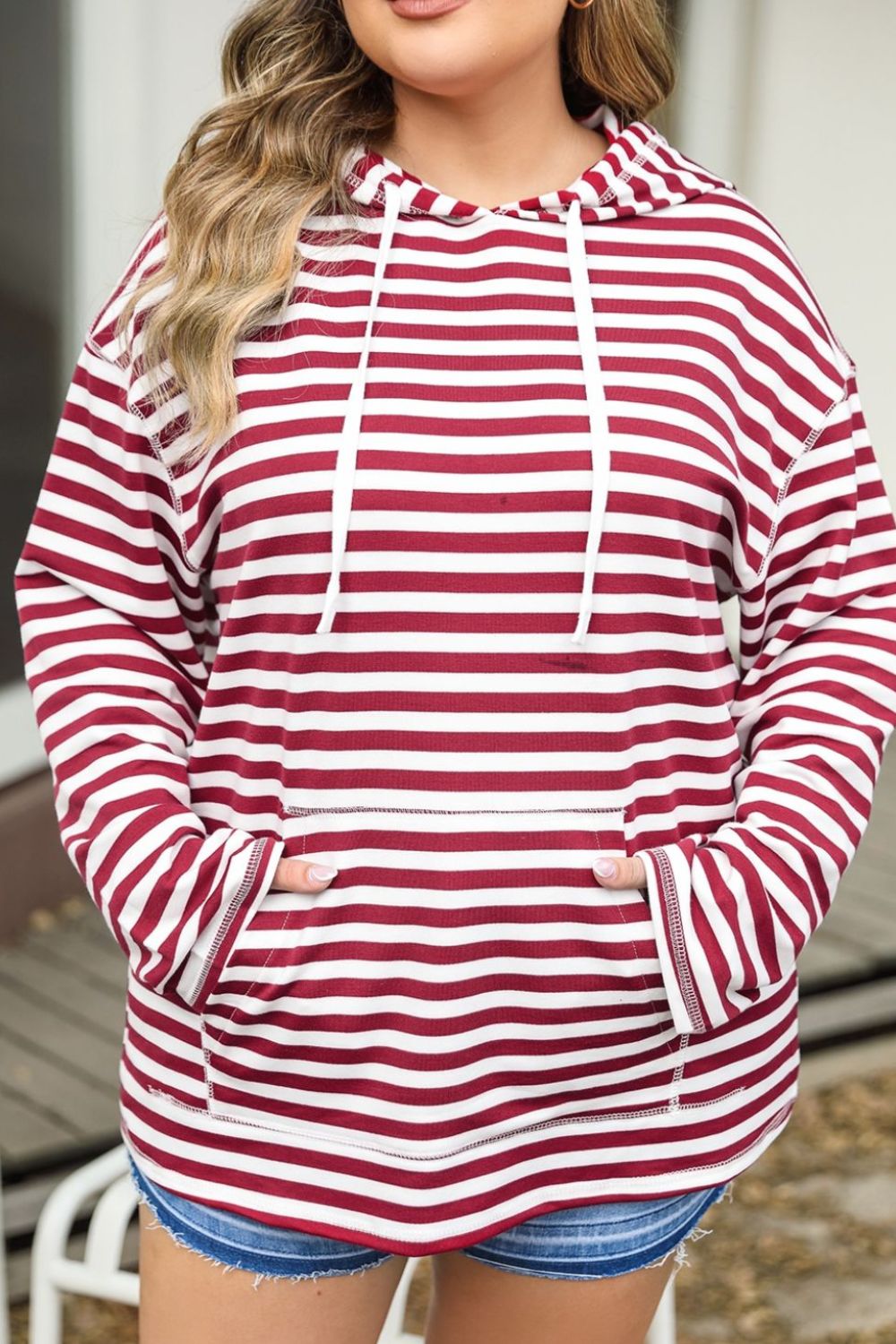 Plus Size Drawstring Striped Dropped Shoulder Hoodie 