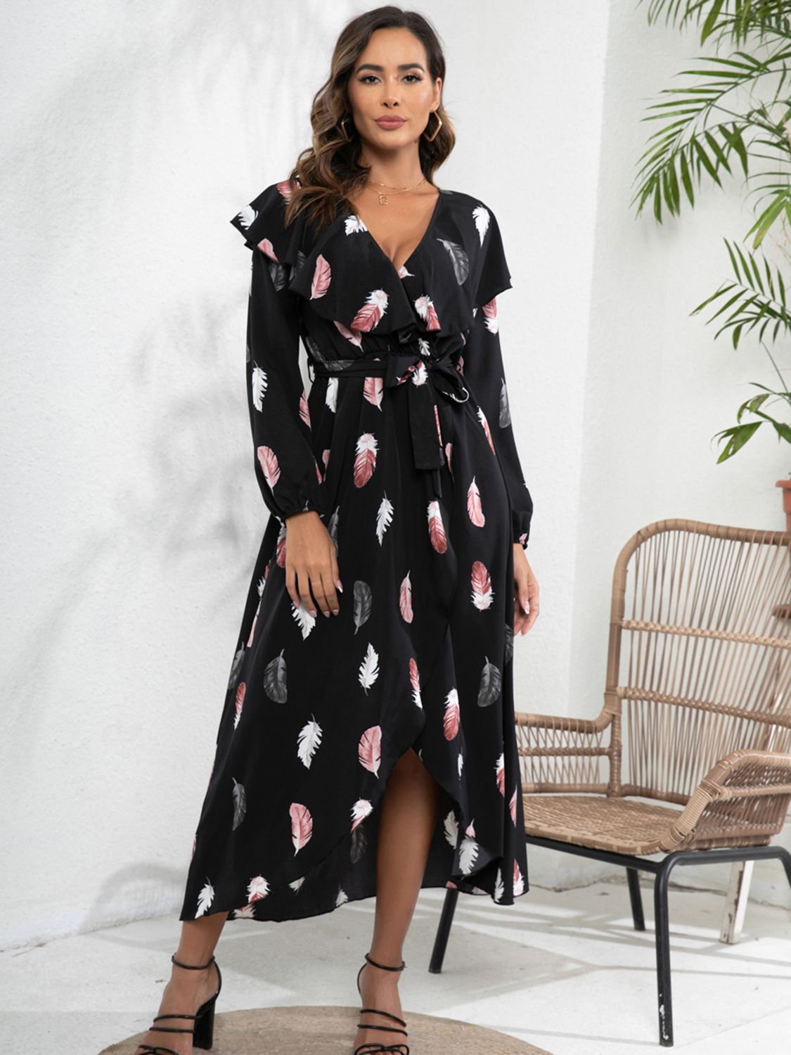 Printed Tie Front Ruffle Trim Long Sleeve Dress 