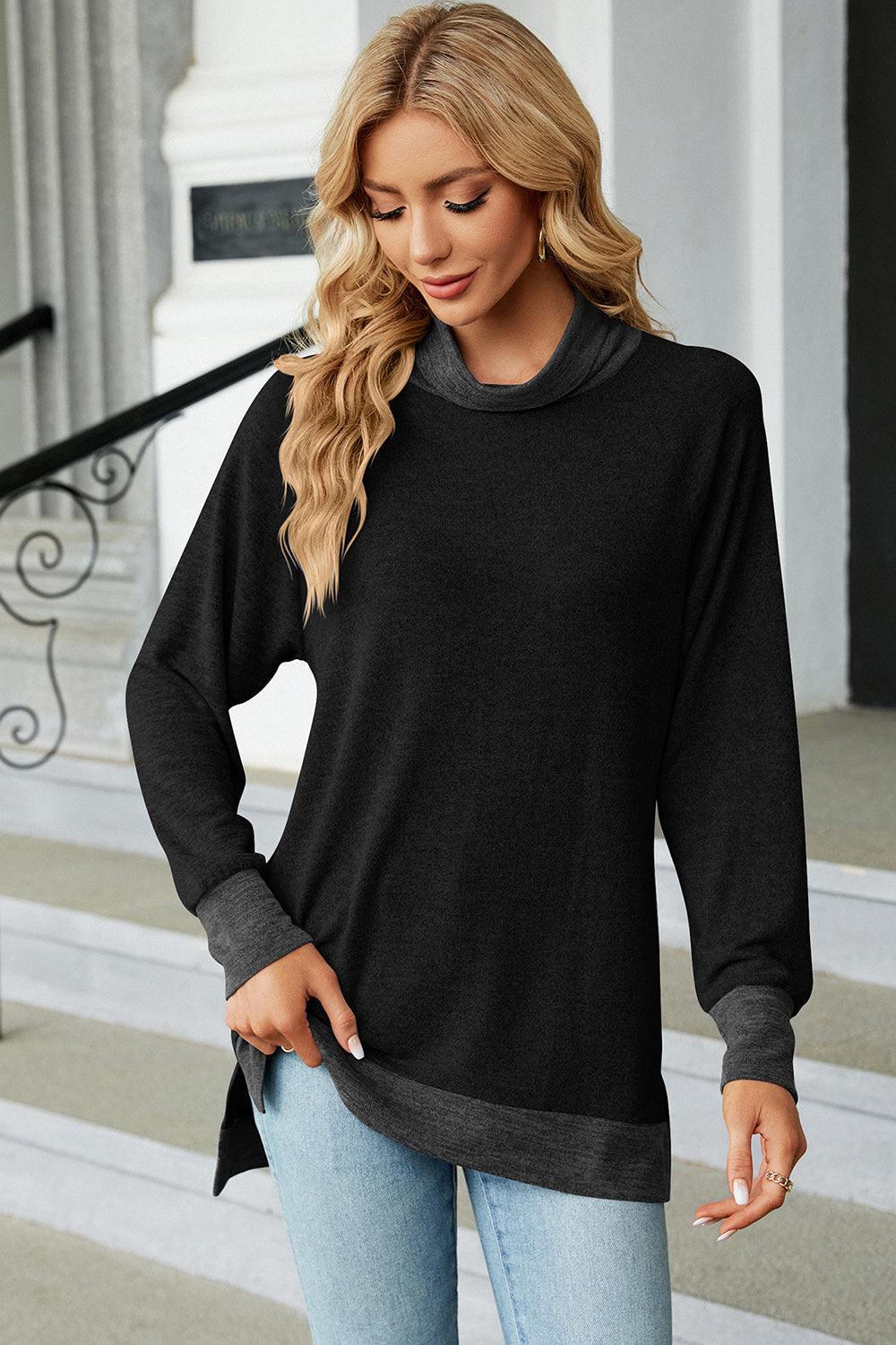 Slit Mock Neck Long Sleeve T-Shirt 