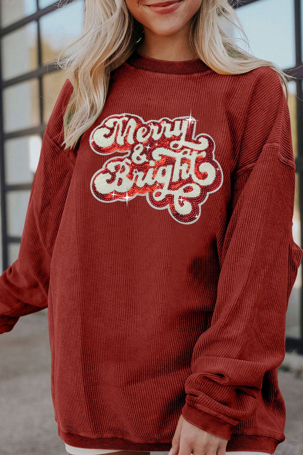 Ribbed Sequin Letter Graphic Round Neck Long Sleeve Sweatshirt 