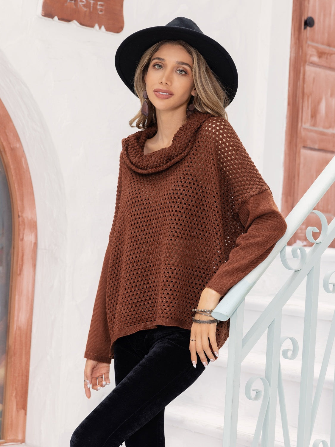 Openwork Mock Neck Dropped Shoulder Sweater 