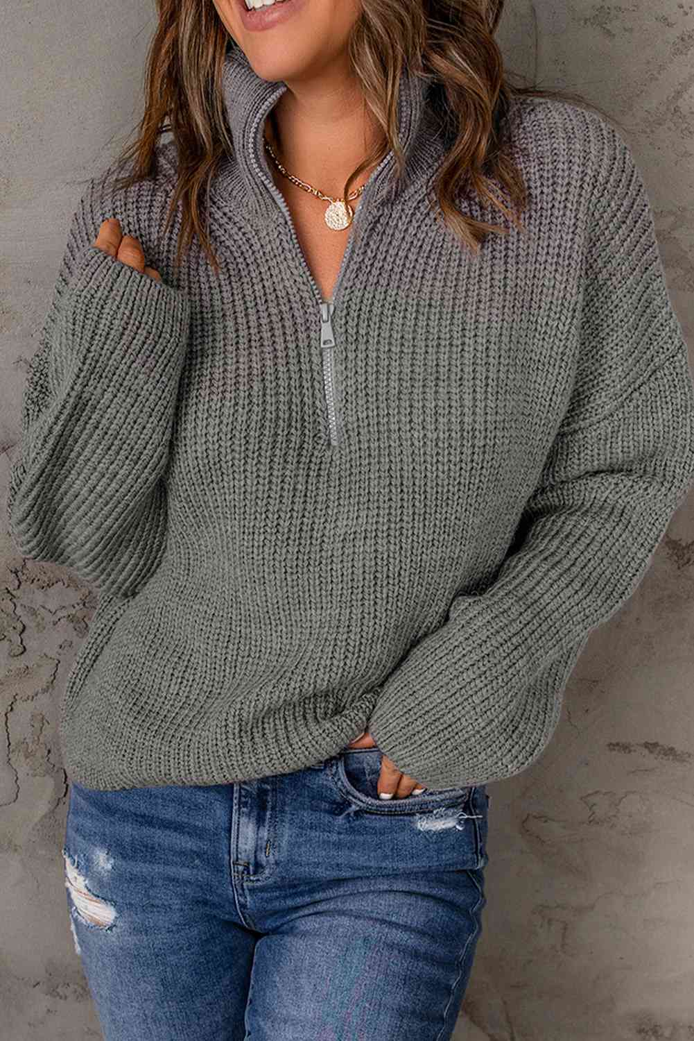 Woven Right Half Zip Rib-Knit Dropped Shoulder Sweater - Babbazon Jumper