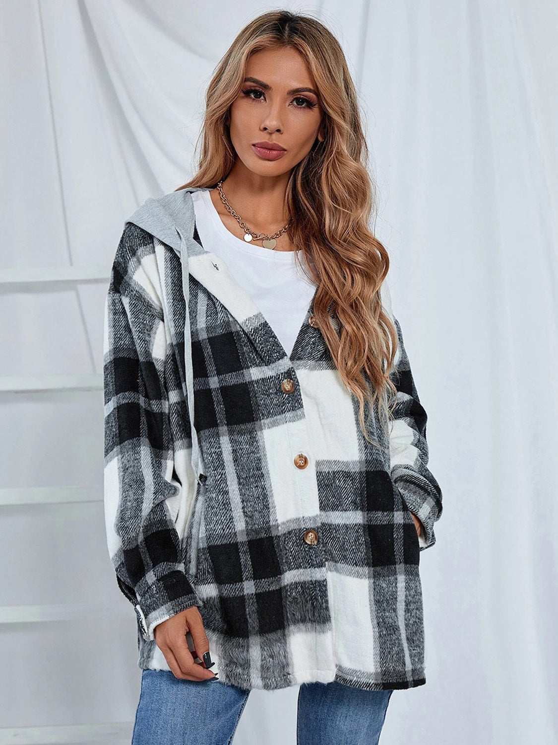 Plaid Hooded Jacket with Pockets - Babbazon Jacket