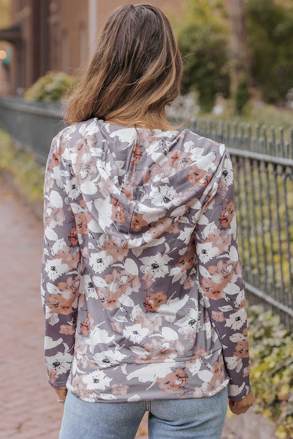 Floral Zip Up Pocketed Hoodie 