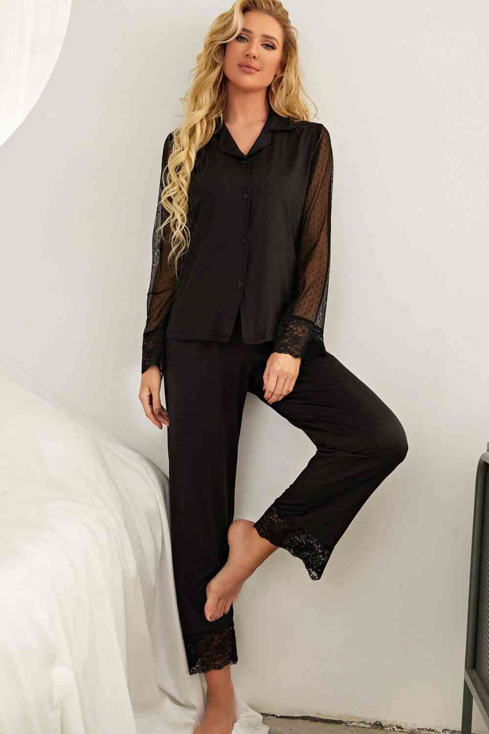 Spliced Lace Lapel Collar Pajama Set 