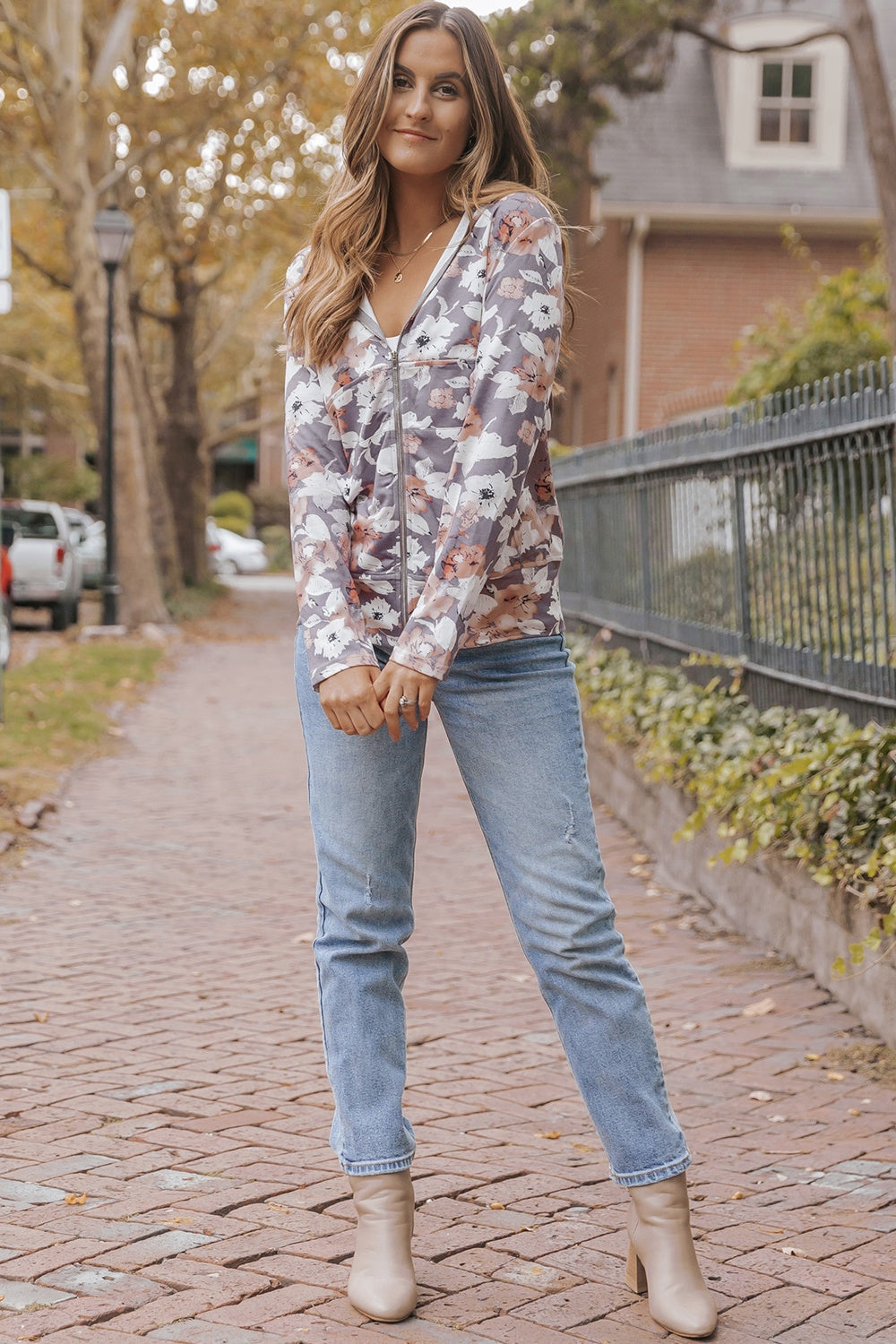 Floral Zip Up Pocketed Hoodie 