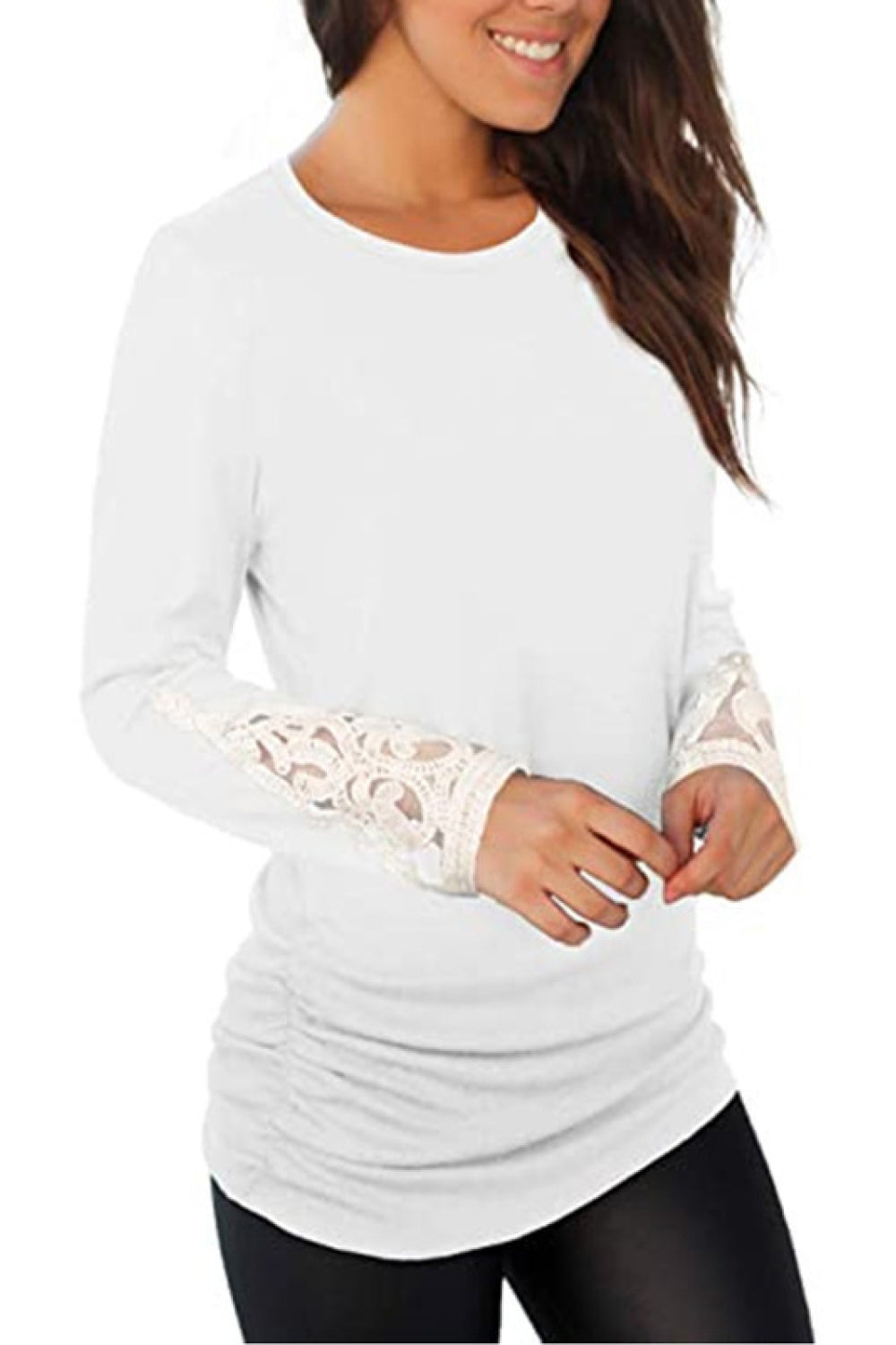 Lace Detail Long Sleeve Round Neck T-Shirt