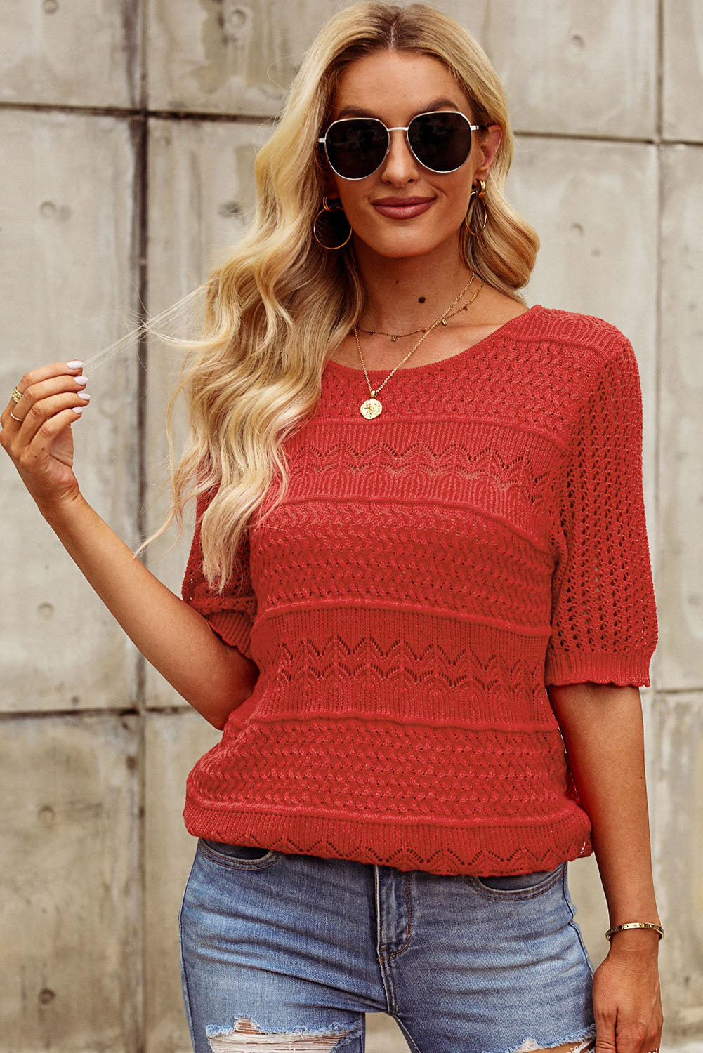 Openwork Round Neck Half Sleeve Knit Top 