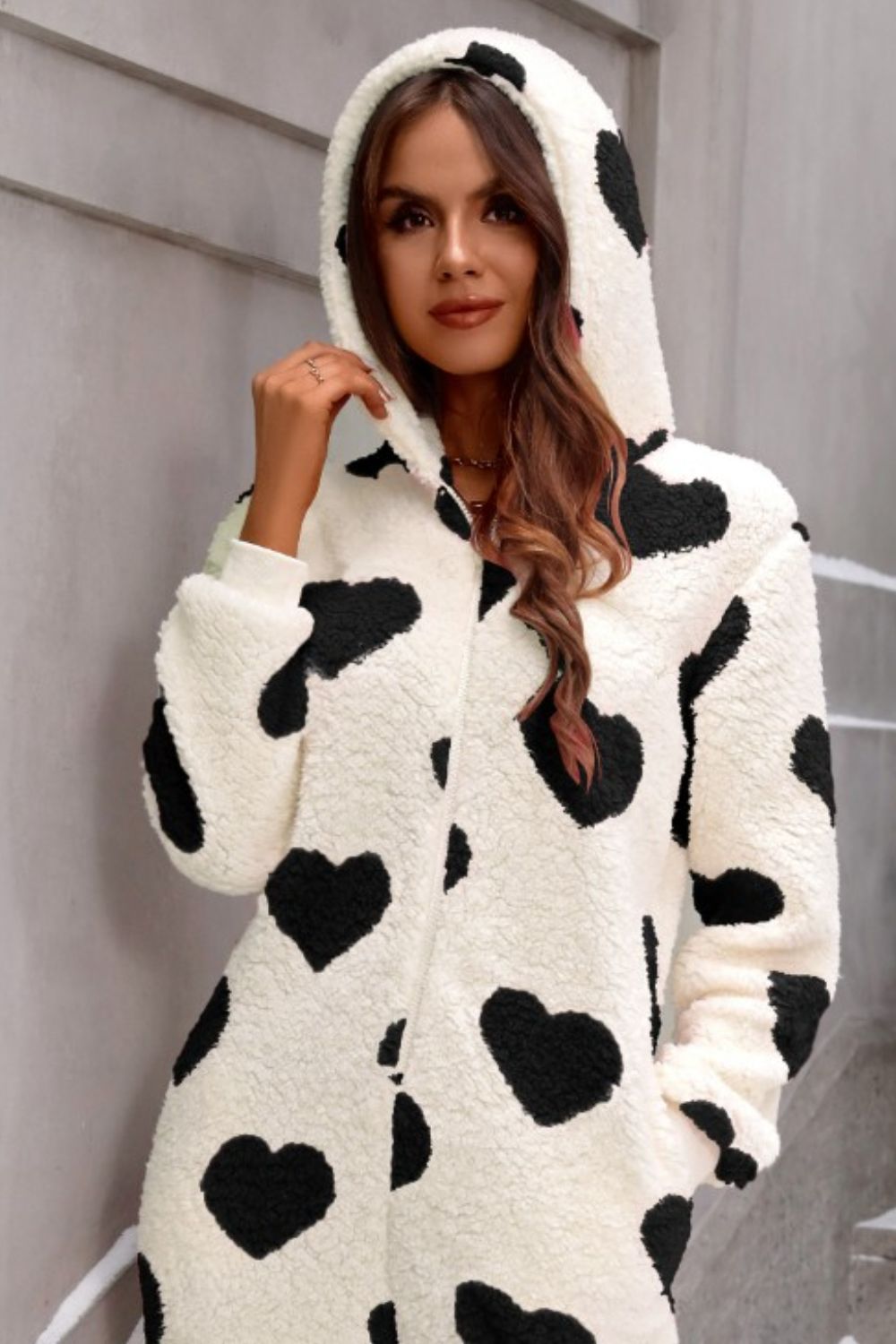 Fuzzy Heart Zip Up Hooded Lounge Jumpsuit 