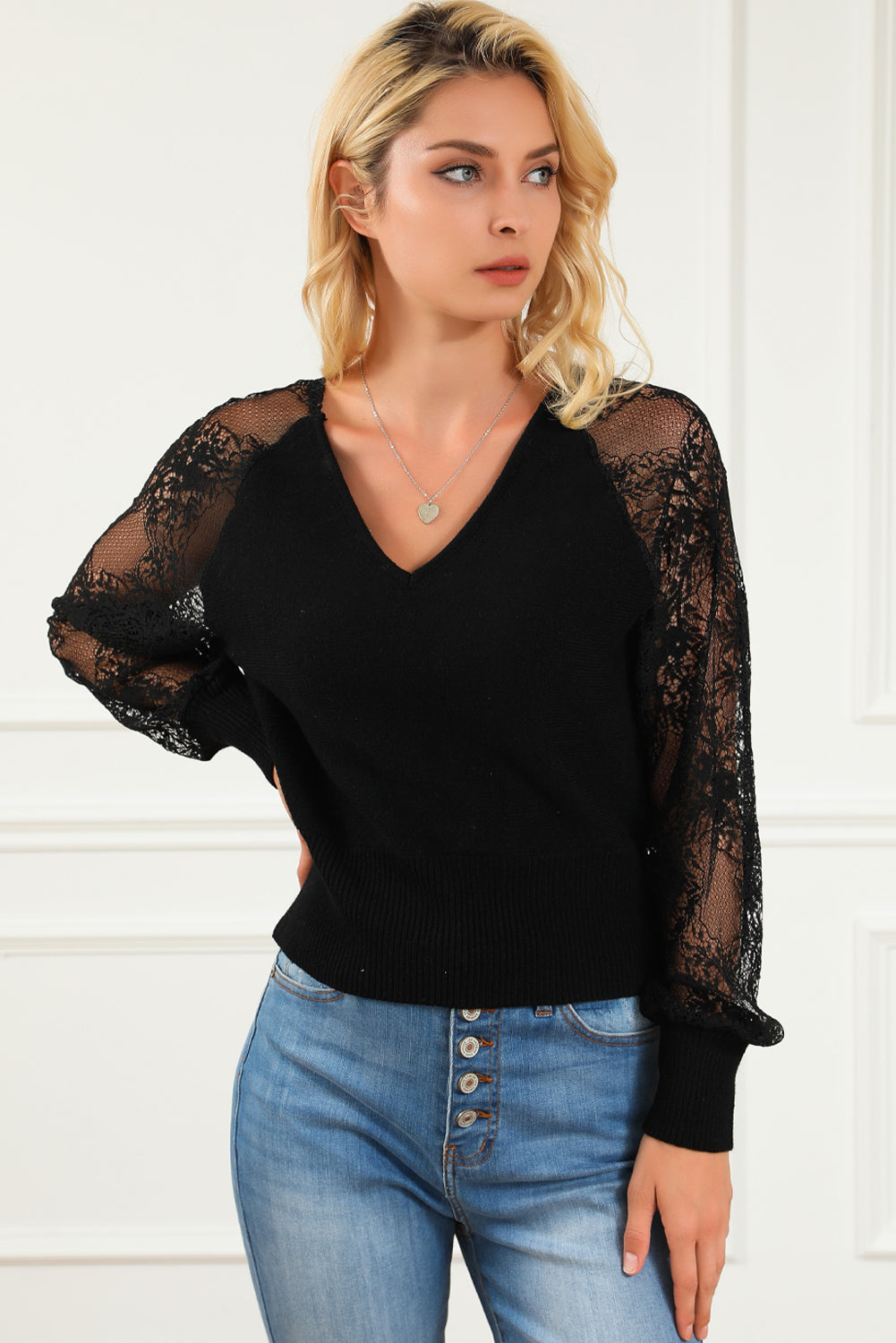 Ribbed Trim Lace Lantern Sleeve Knit Top 