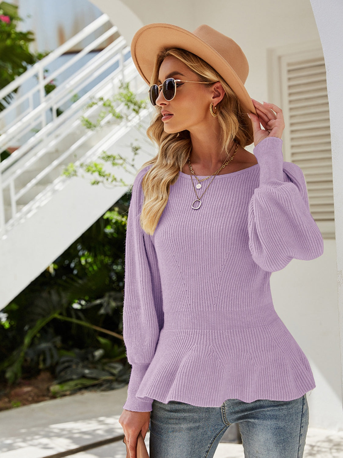 Ribbed Round Neck Lantern Sleeve Sweater - Babbazon Tops