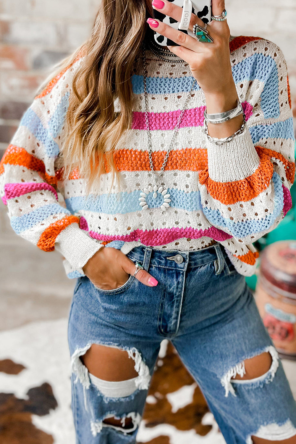 Openwork Striped Round Neck Long Sleeve Knit Top 