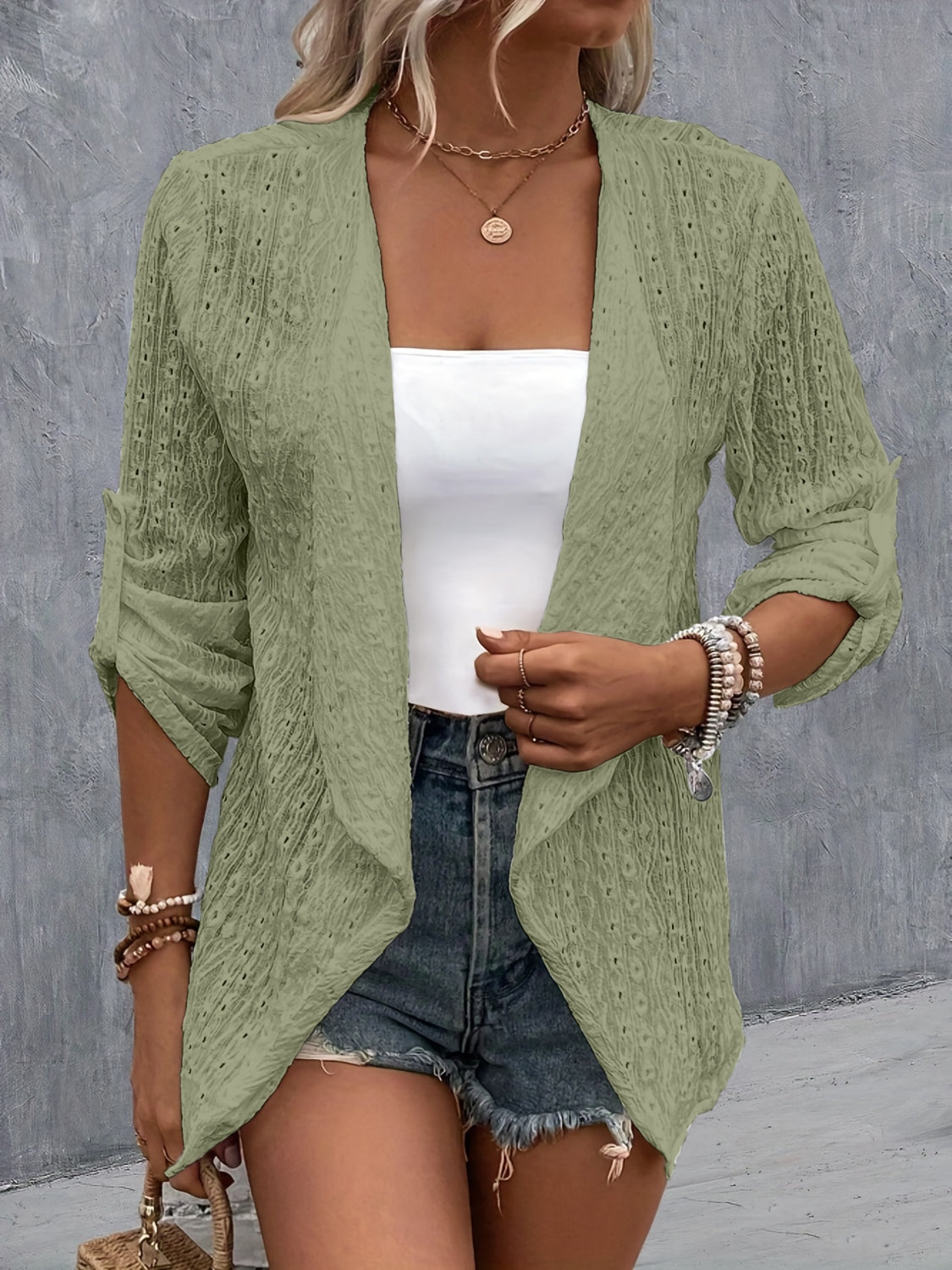 Eyelet Roll-Tab Sleeve Cardigan - Babbazon Camisole