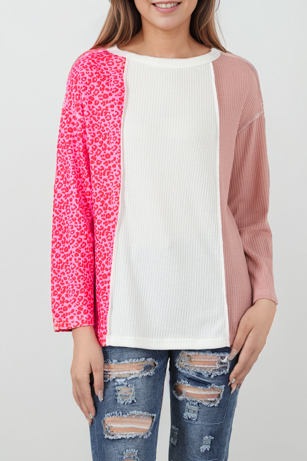 Waffle Knit Leopard Color Block Long Sleeve Top 