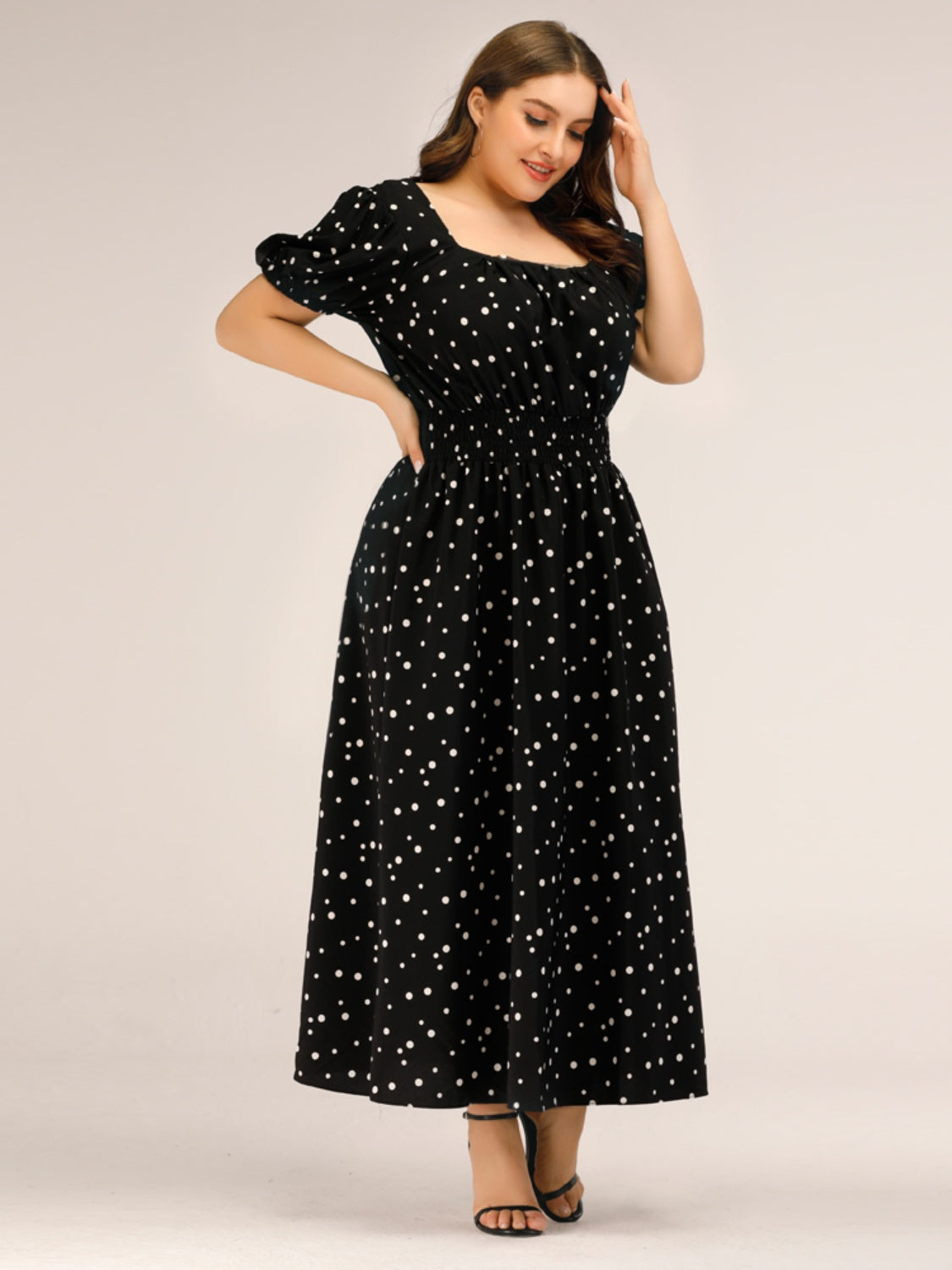 Plus Size Polka Dot Square Neck Dress 