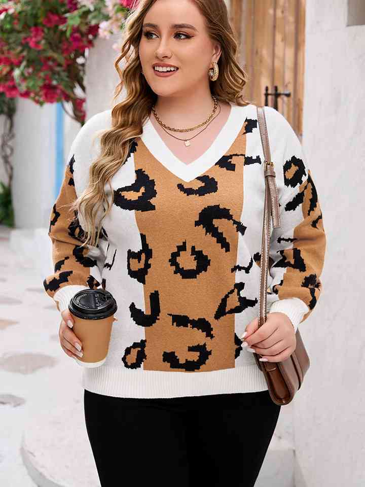 Plus Size Printed V-Neck Long Sleeve Sweater - Babbazon Jumper