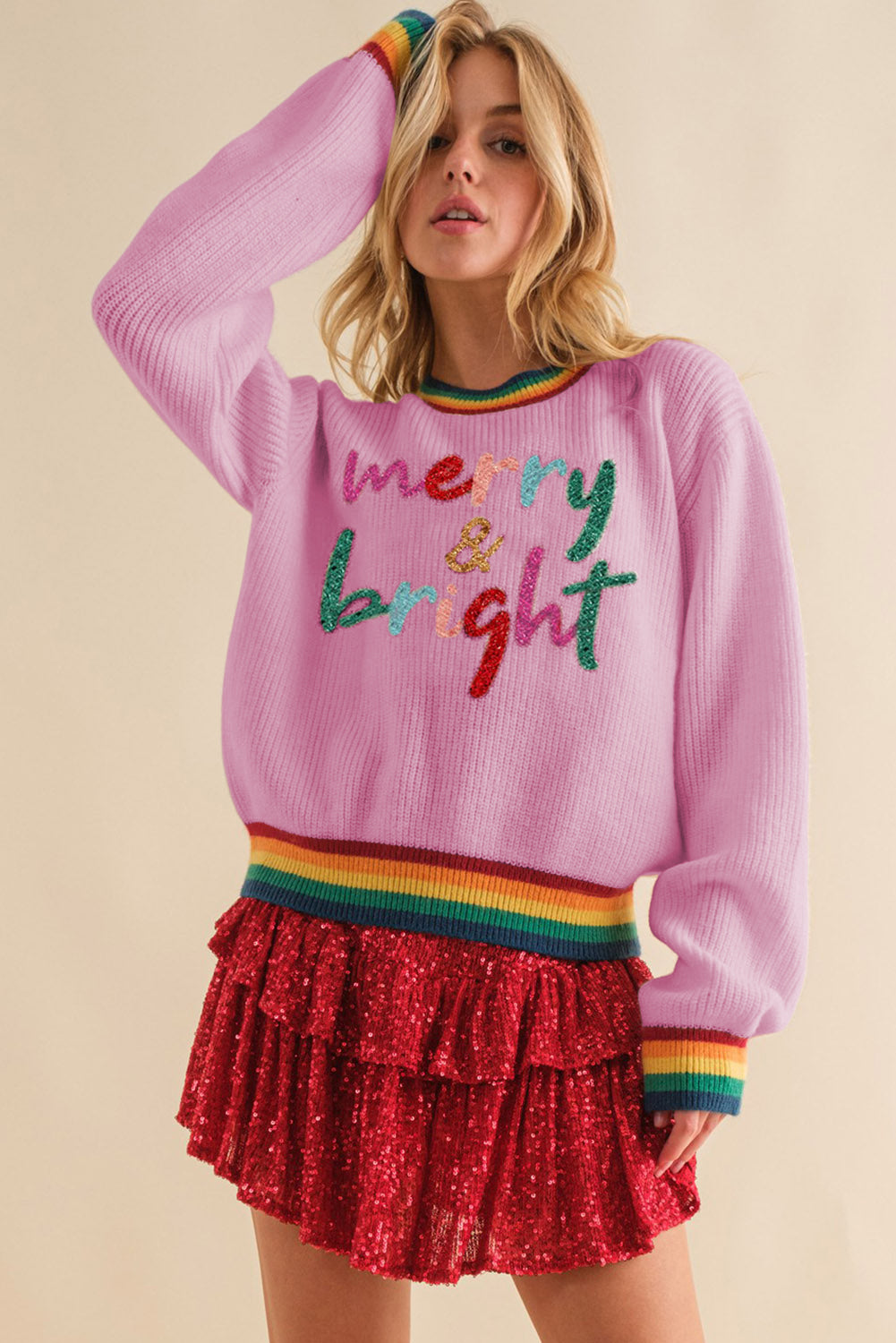 MERRY & BRIGHT Ribbed Round Neck Sweater 