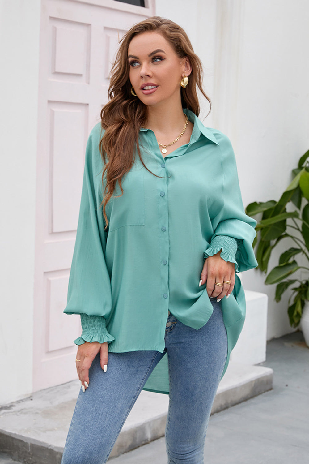 High-Low Collared Neck Lantern Sleeve Shirt 